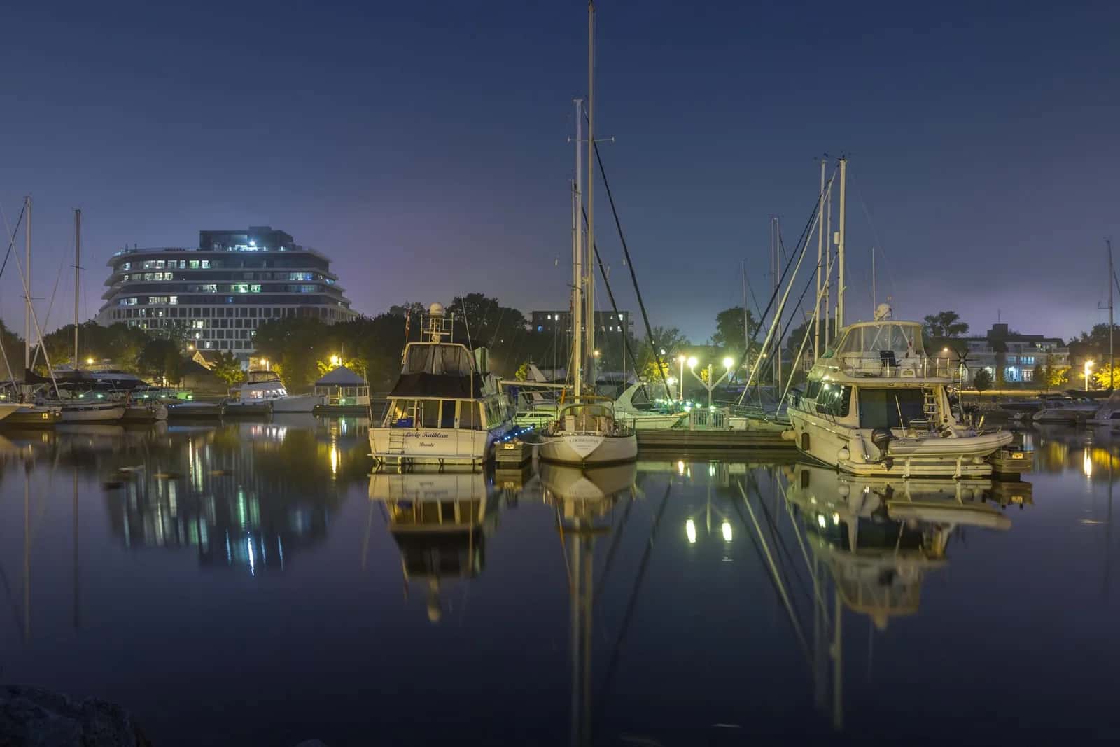 Bronte Harbour in Oakville at night